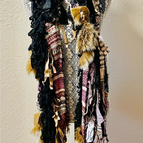Handmade Leather Fringe Faux Fur Upcycled Statement Upcycled Scarf 76” Unique - Picture 5 of 10